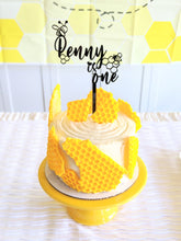 Load image into Gallery viewer, Bee themed birthday cake with custom cake topper by Happy.Crafted