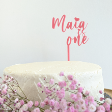 Load image into Gallery viewer, Cute custom baby/kid's cake topper in pink acrylic. Baby is turning one!