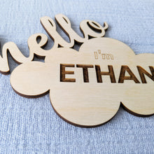 Load image into Gallery viewer, Engraved Baby Announcement Wooden Card - Hello Cloud